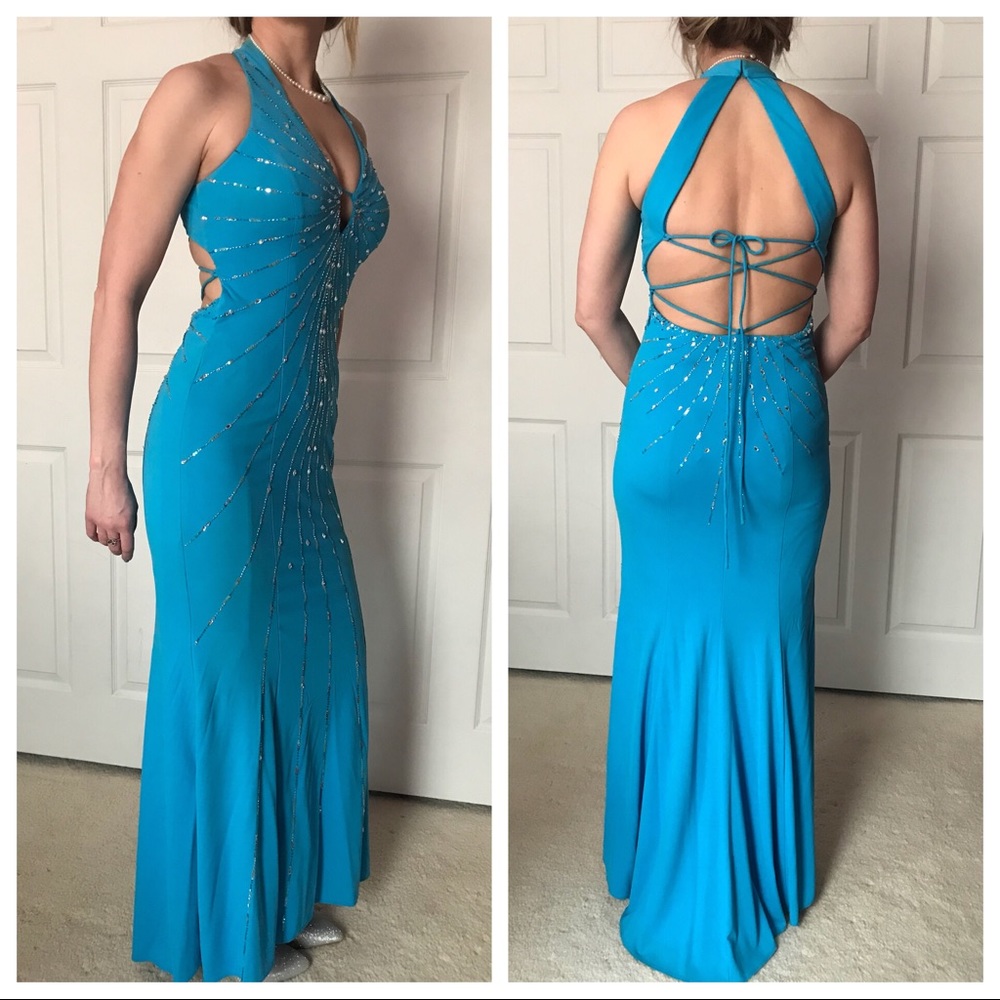 Blue open back beaded prom dress